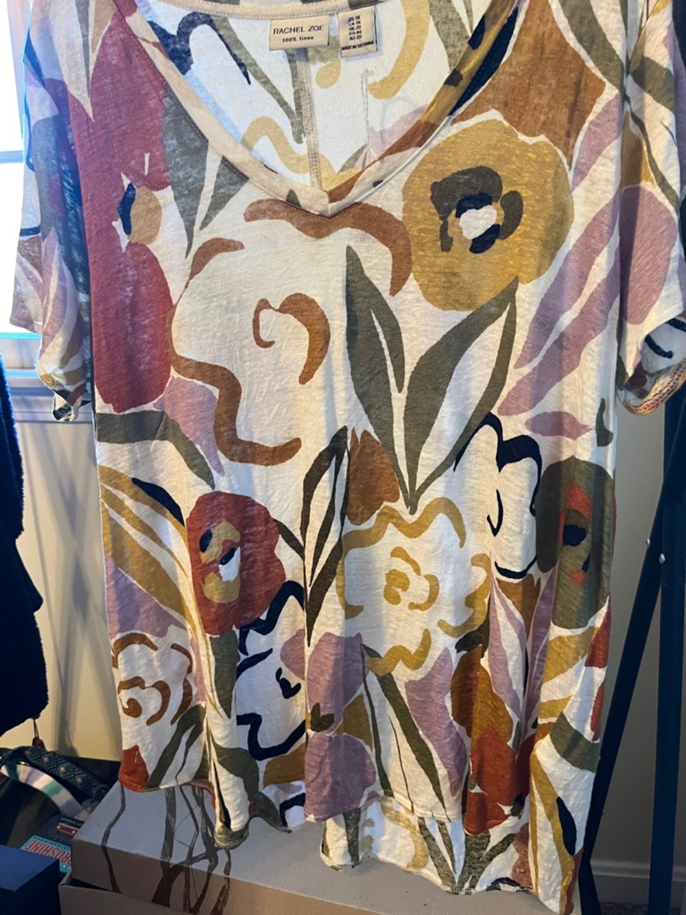 Rachel Zoe linen Multicolor Floral V-Neck Short Sleeve Top